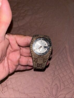 Gucci Brown Monogram Canvas Watch with Silver Dial